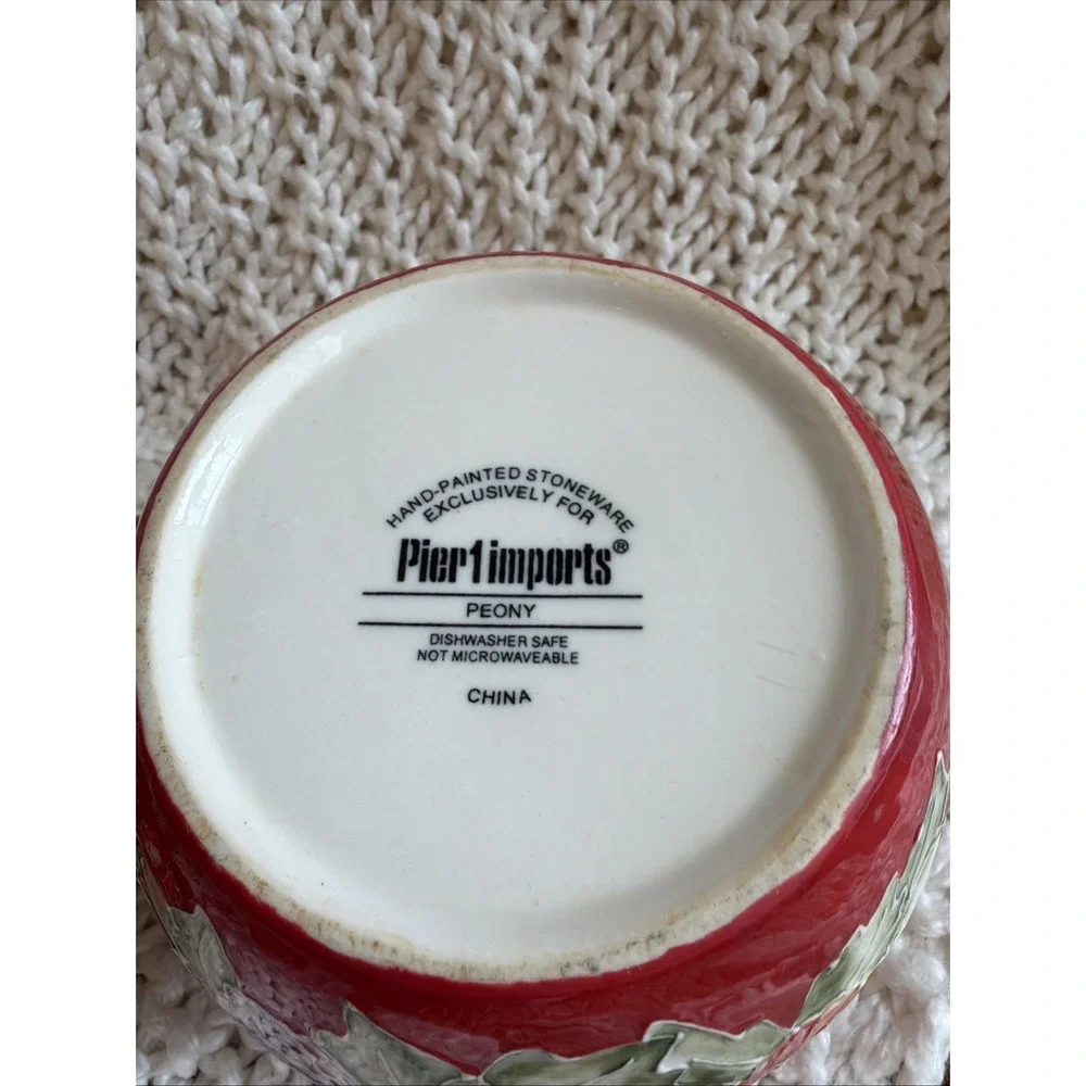 Pier One Red Peony Teapot with Bamboo Handle Handpainted Stoneware